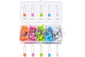 ARTCXC 1Box(100Pcs) 5Colors 55mm/ 2.2 Inch Safety Pins Plastic Head Stainless Steel Diaper Pins Safety Locking Cloth Diaper Nappy Pins