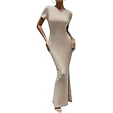 VintageClothing Women's Summer Bodycon Maxi Dress Casual Short Sleeve Y2k Sexy Tight Long Dresses Lounge Ribbed Tshirt Dress