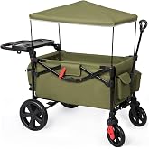 EVER ADVANCED Foldable Wagons for Two Kids &amp; Cargo, Collapsible Folding Wagon Stroller with Adjustable Handle Bar,Removable Canopy with 5-Point Harness,Green
