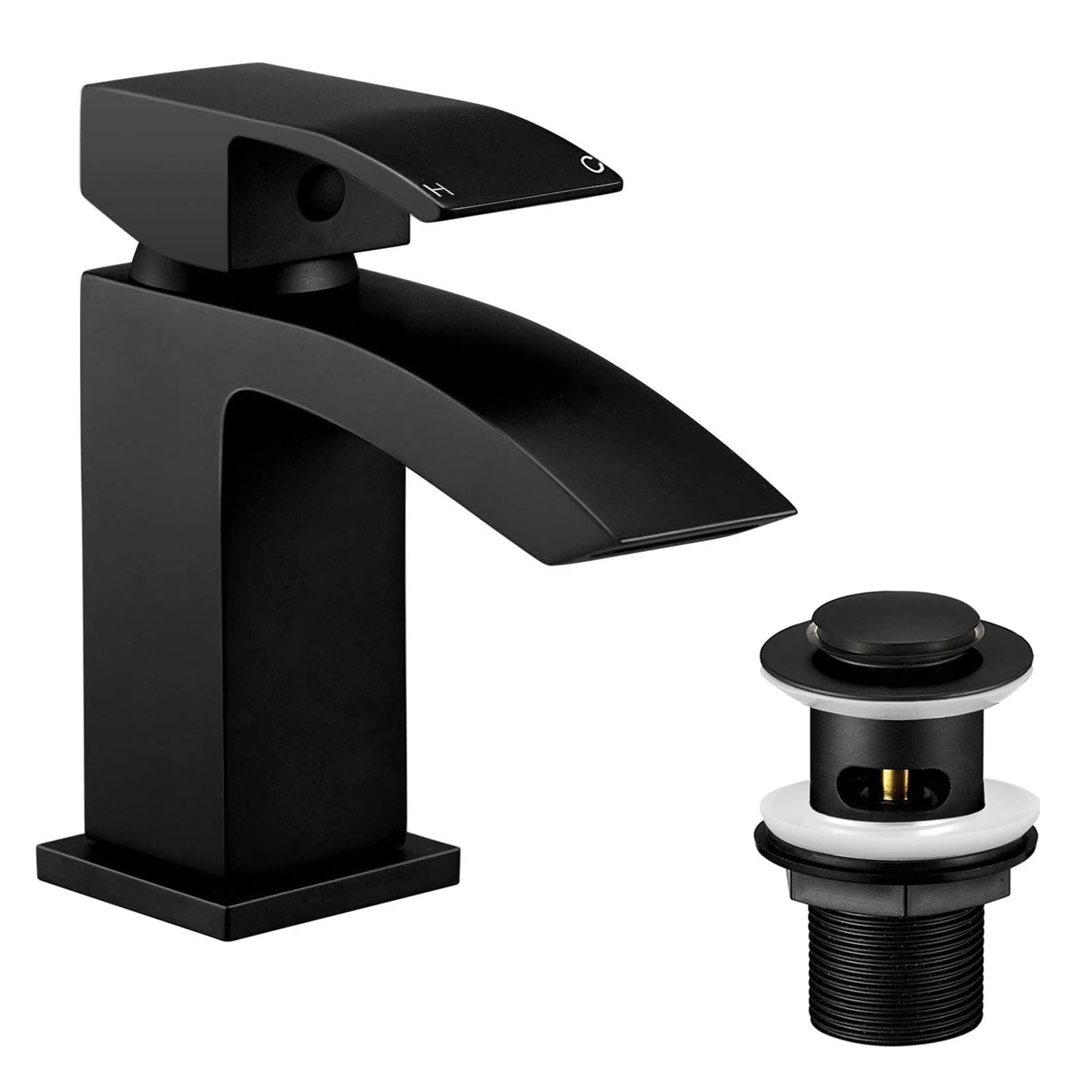 Wasserrhythm Basin Taps with Pop up Waste Black Waterfall Square Bathoom Sink Tap Mixers Brass Mono Cloakroom Faucet Monobloc with Slotted Waste Modern 1 Hole G1/2 Hoses