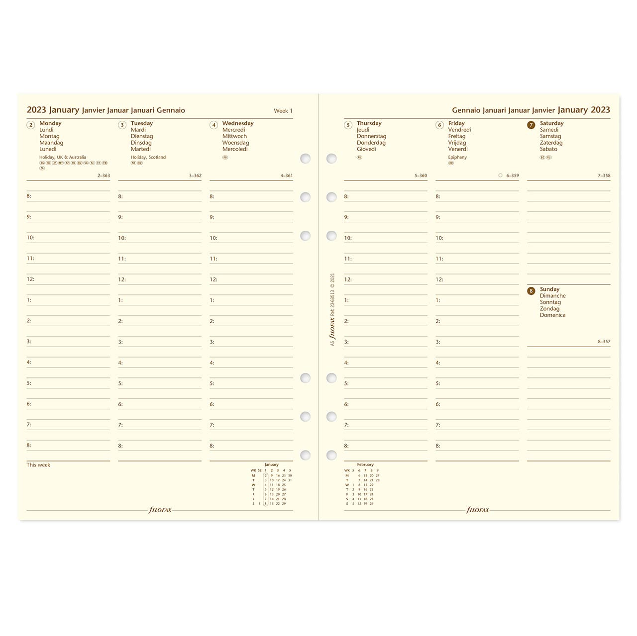 Filofax A5 week on two pages column format 5 language 2023 diary - cotton cream