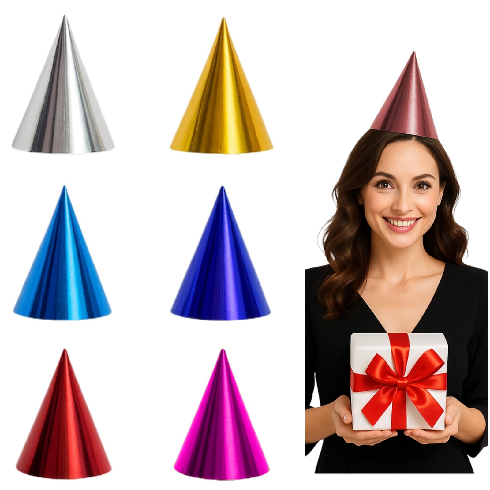 Fvumhlaoog 21PCS Pre-Assembled Metallic Party Hats Cone Hats for Kids & Adults Colorful Birthday Party Hats Metallic Foil Blue/blue/Gold/Silver/Hot Pink/Red