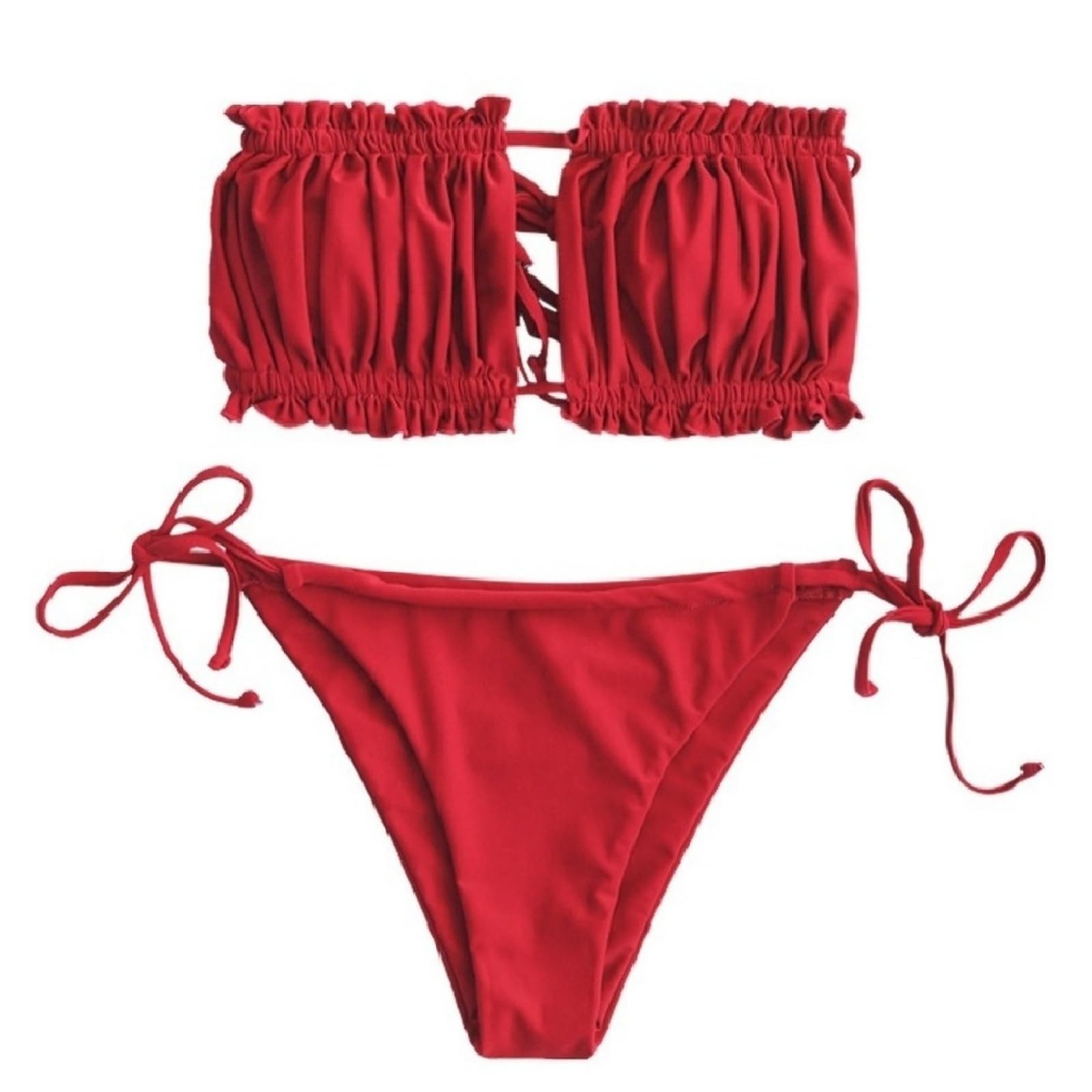 Photo 1 of M ZAFUL Women 2 Piece Strapless Bikini Swimsuits Ruffle Ribbed Bandeau Bikini Set High Cut Bathing Suits (2-Red, M)