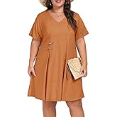 NHAMME Women's Plus Size T-Shirt Dress V Neck Loose A-Line Button Up Casual Dresses with Pockets