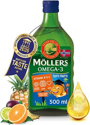 Moller’s ® | Aceite de hígado de bacalao | Complemento dietético para niños con omega-3 EPA, DHA y vitaminas A, D y E | Sabor Tutti Frutti | 500 ml