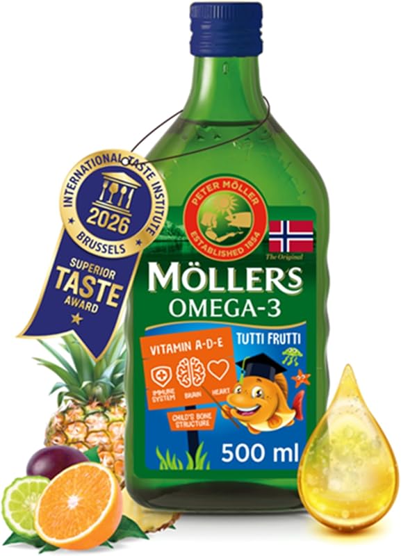 Moller’s ® | Aceite de hígado de bacalao | Complemento dietético para niños con omega-3 EPA, DHA y vitaminas A, D y E | Sabor Tutti Frutti | 500 ml — foto 1 de 8