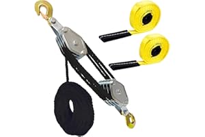 2 Ton Wheel Block and Tackle 4400 LBS Breaking Strength 65 Feet 3/8" Rope Hoist Pulley System 8:1 Ratio Lifting Power 4 Pulle