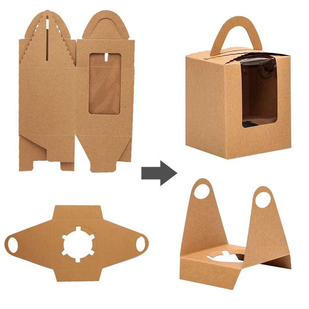 Kraft Cupcake Boxes,50pcs Single Cupcake Carrier with Window Insert and Handle Kraft Pastry Containers Muffins Cupcake Carriers for Bakery Wrapping Party Favor Packing