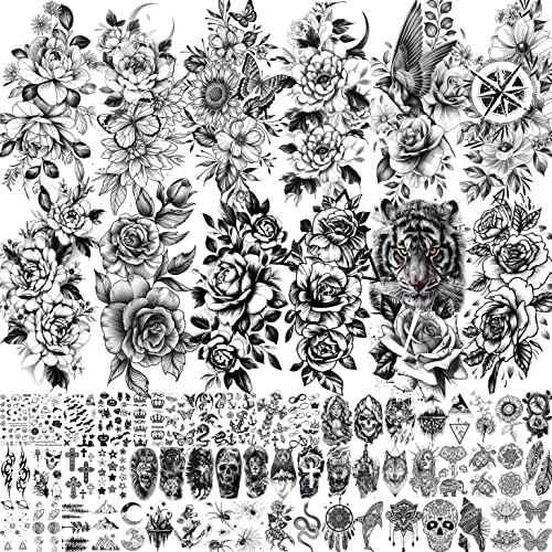 JOEHAPY 67 Sheets Black Realistic Flower Temporary Tattoos For Women Girls Arm Thigh, 3D Rose