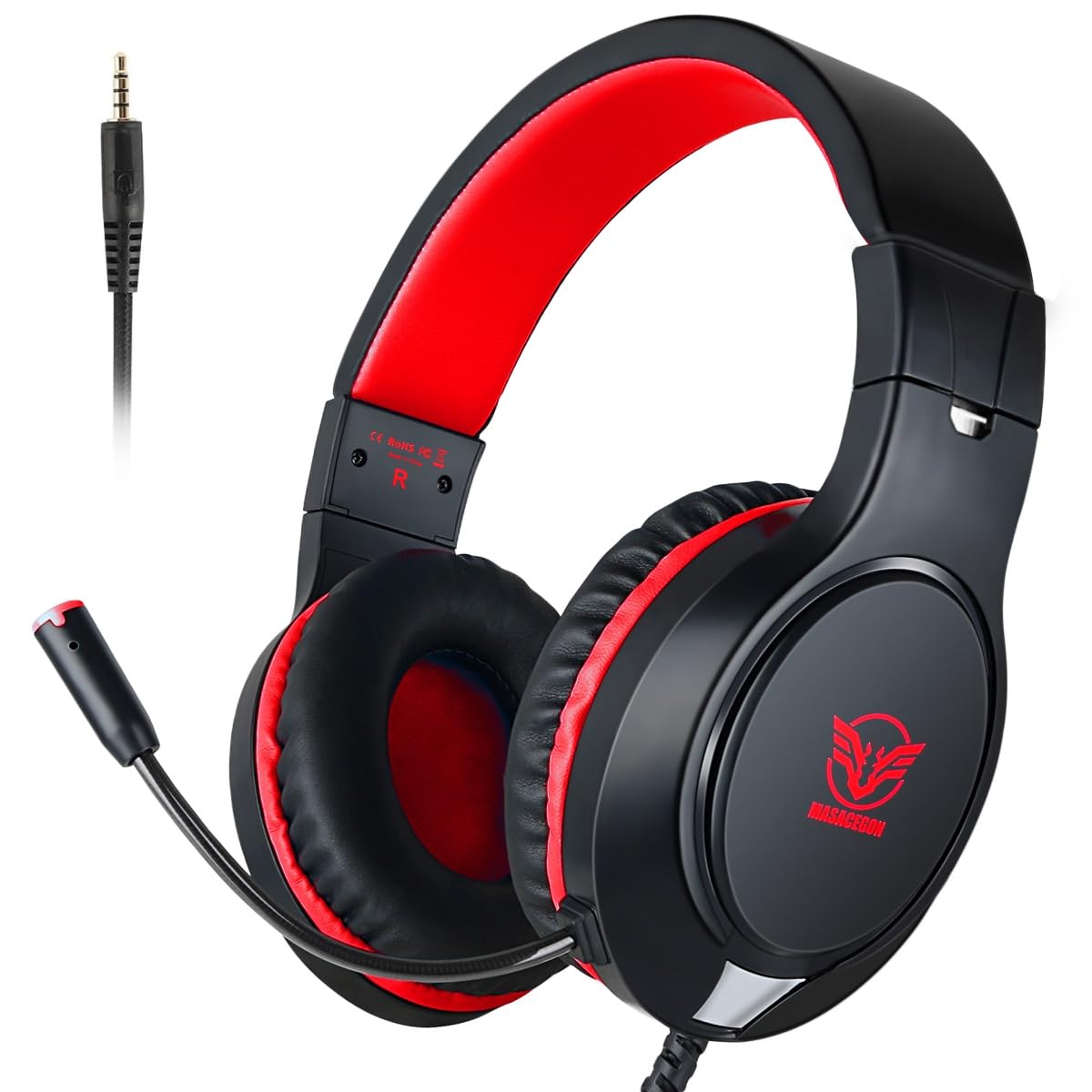 H-10 Gaming Headset for PS4, Xbox One, PC, PS5, Nintendo Switch, Stereo Wired Noise Cancelling Over Ear Headphones with Mic for Kids Adults, Bass Surround, Soft Memory Earmuffs, Red