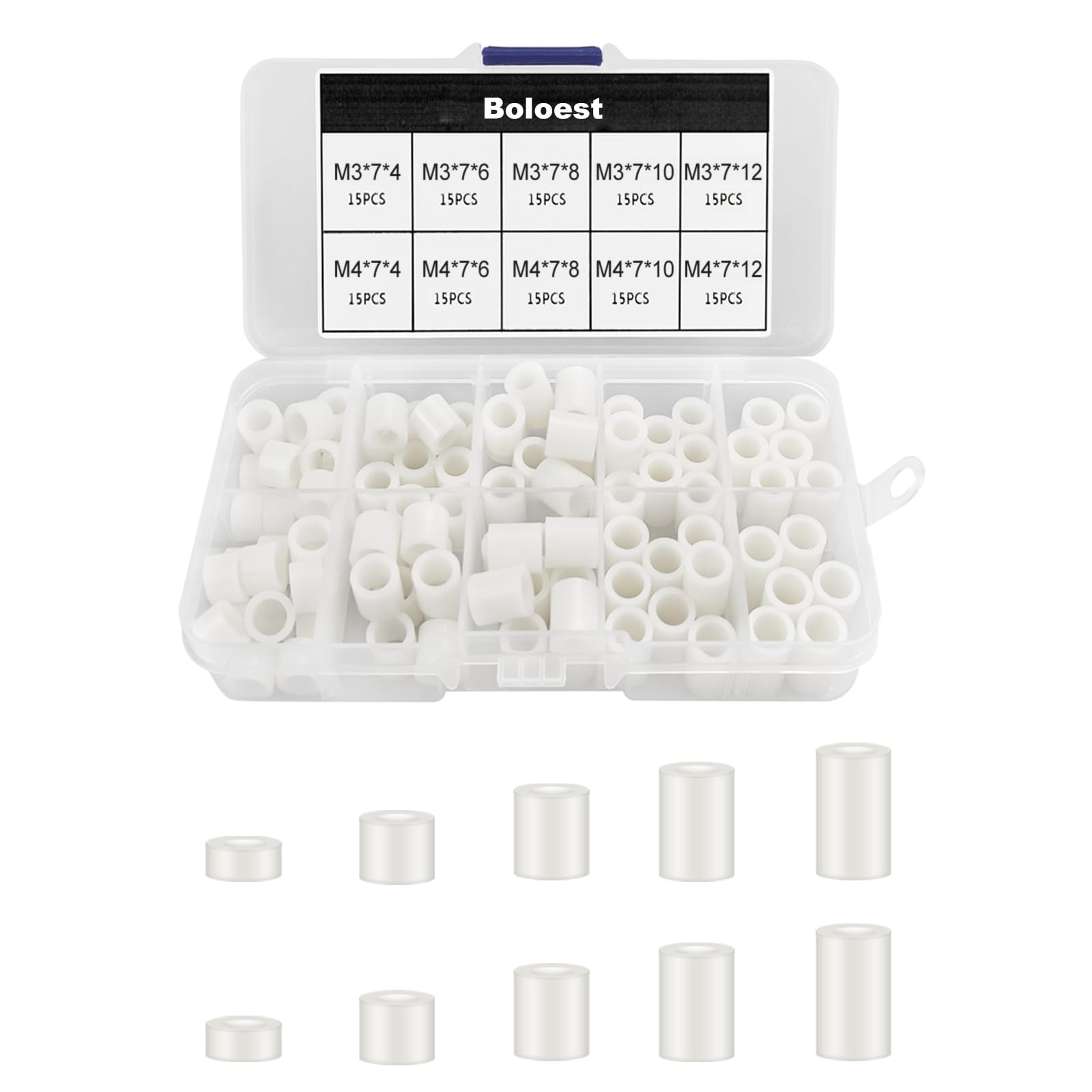 150pcs ABS Round Spacer Assortment Kit White Insulation Spacer for M3,M4 Screws Nylon Column Standoff Support Spacer with Plastic Box(White) — image 1