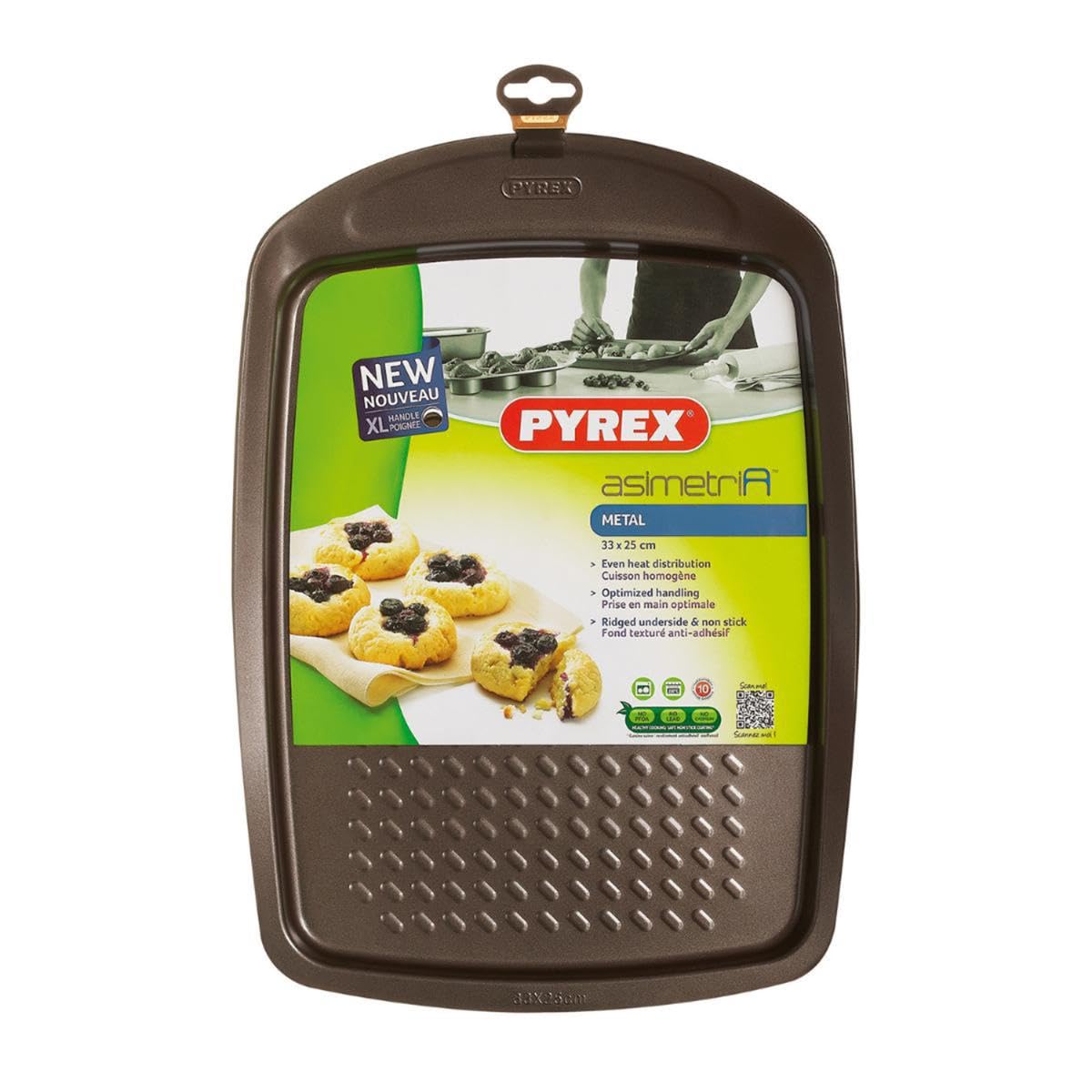 Pyrex 33 x 25 cm Large Metal Asimetria Easy-Grip Baking Tray, Brown