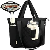 COVKEV Work Tote Bag for Women with Large Front Cup Holder& 15.6 Inch Laptop Compartment, Lightweight Puffer Laptop Tote Bag with Long& Short Handle for Teacher Nurse Office Supplies Organizer (Black)