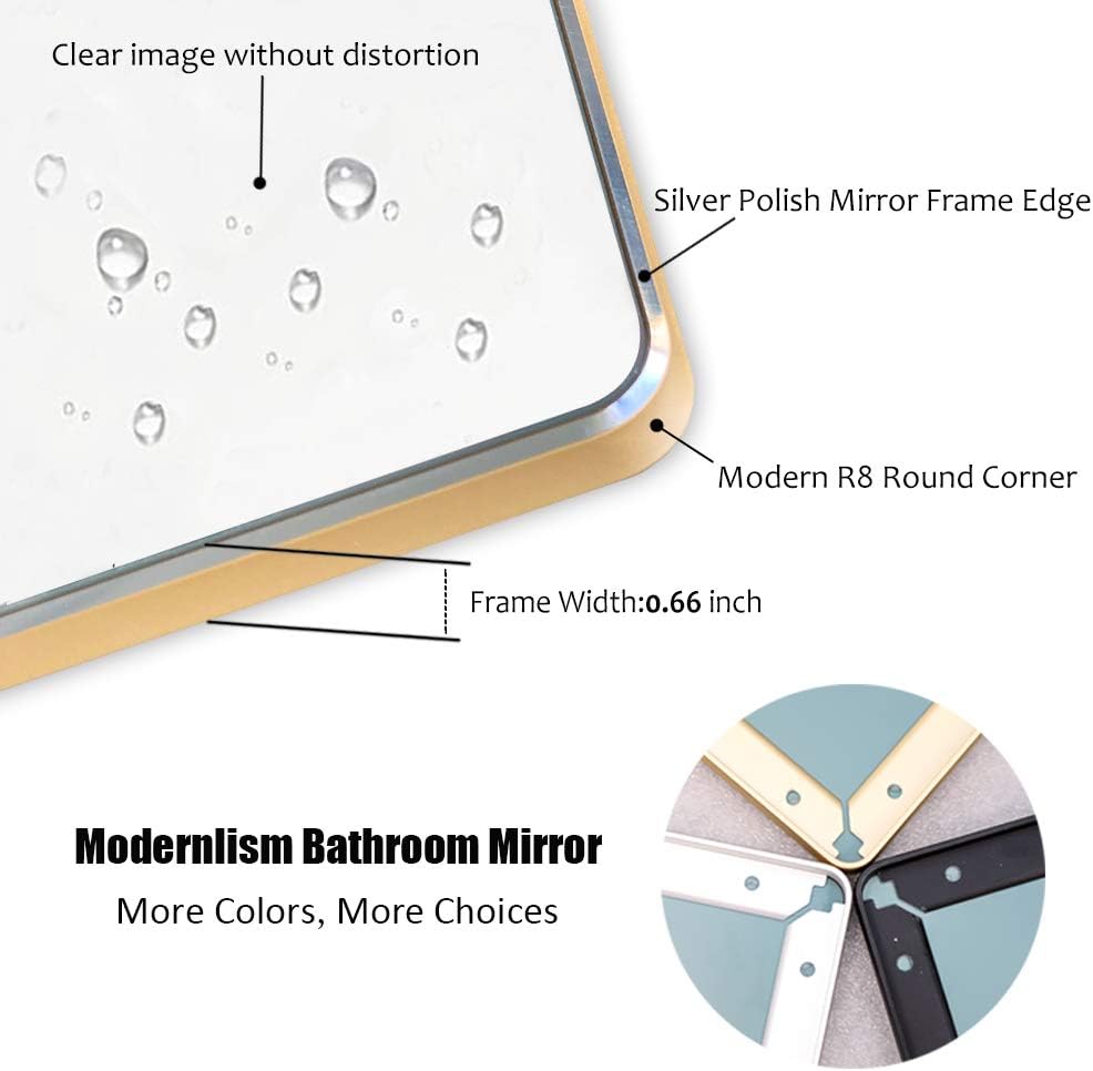 belle electrical Wall Mounted Bathroom Mirrors 36X24, Thin Large Modern Rectangular Aluminum Metal Frame Makeup Bathroom Mirrors for Wall, Gold Round Corner Mirror Hangs in Vertically or Horizontally: Home & Kitchen