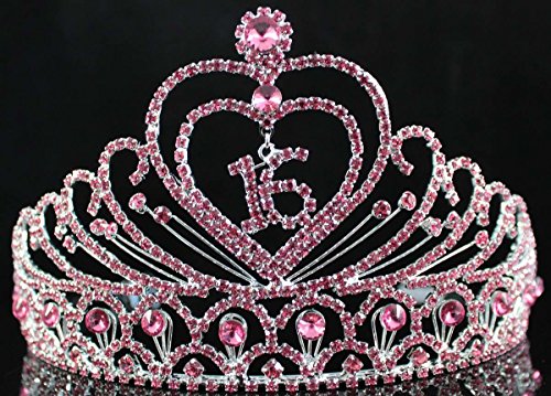 Janefashions Sweet Sixteen 16 Birthday Party Rhinestone Tiara Crown w/ Hair Combs T1629p Pink