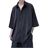 VIPWOLF Men's Button Down Oversized Shirts Half Sleeve Collared Baggy Casual Shirt