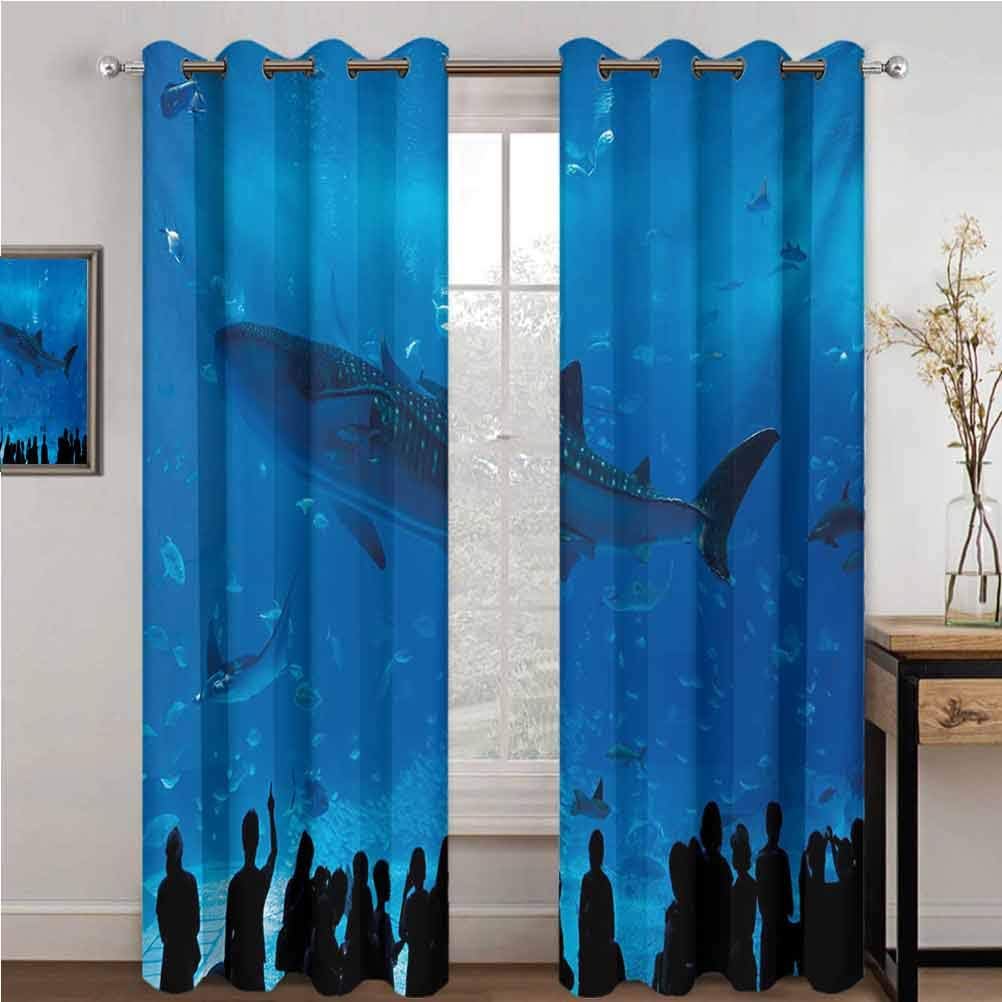 Shark 100% blackout lining curtain Japanese Aquarium Park with People Silhouettes Watching Underwater Life Hobby Image Full shading treatment kitchen insulation curtain W96 x L84 Inch Blue Black