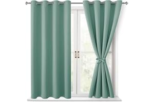 Hiasan Blackout Curtains for Bedroom - Thermal Insulated & Light Blocking Window Curtains for Living Room/Kids Room, 2 Drape Panels Sewn with Tiebacks, Sage Green, 52 x 45 Inch