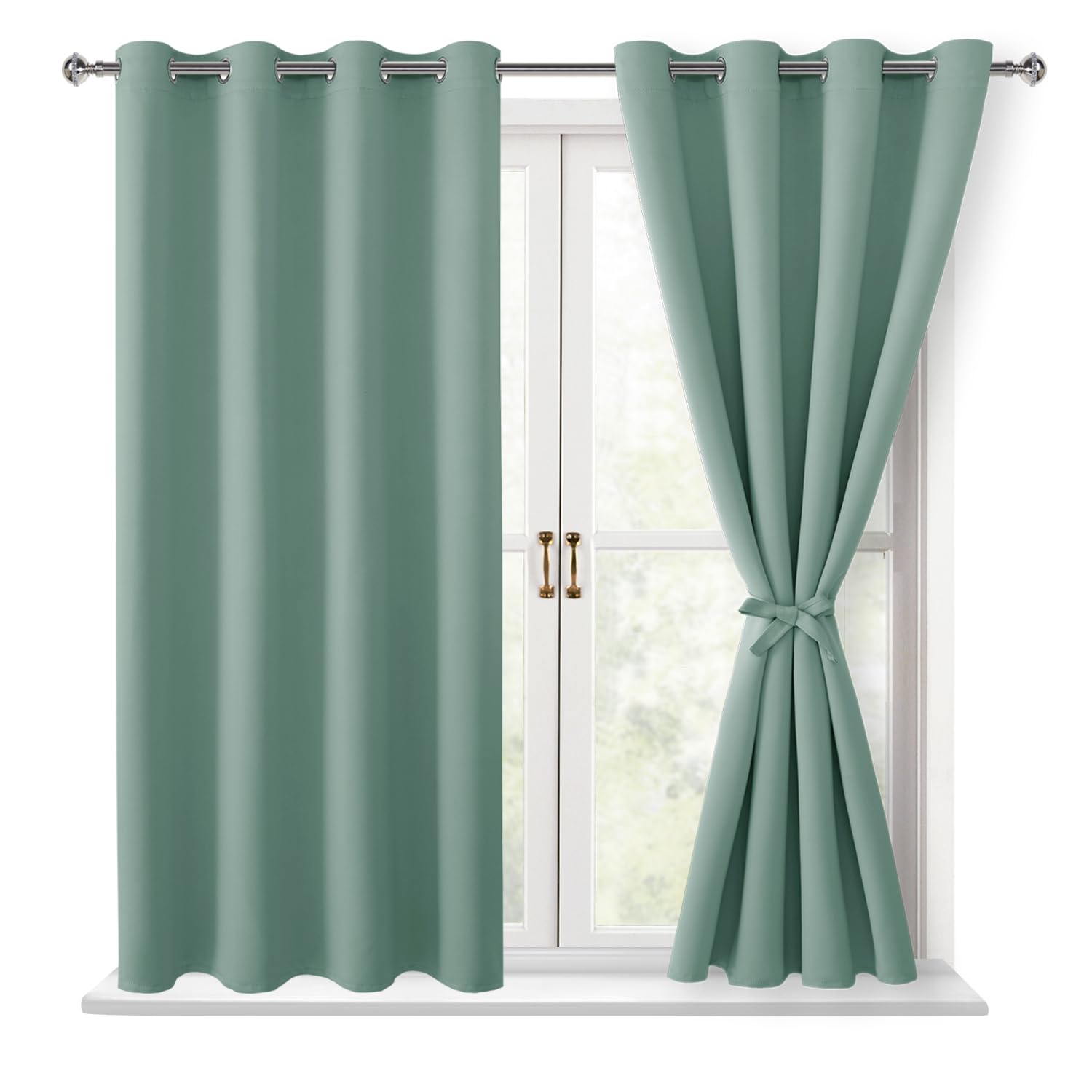 Hiasan Blackout Curtains for Bedroom, 52 x 54 Inches Long - Thermal Insulated & Light Blocking Window Curtains for Living Room, 2 Drape Panels Sewn with Tiebacks, Sage Green Image