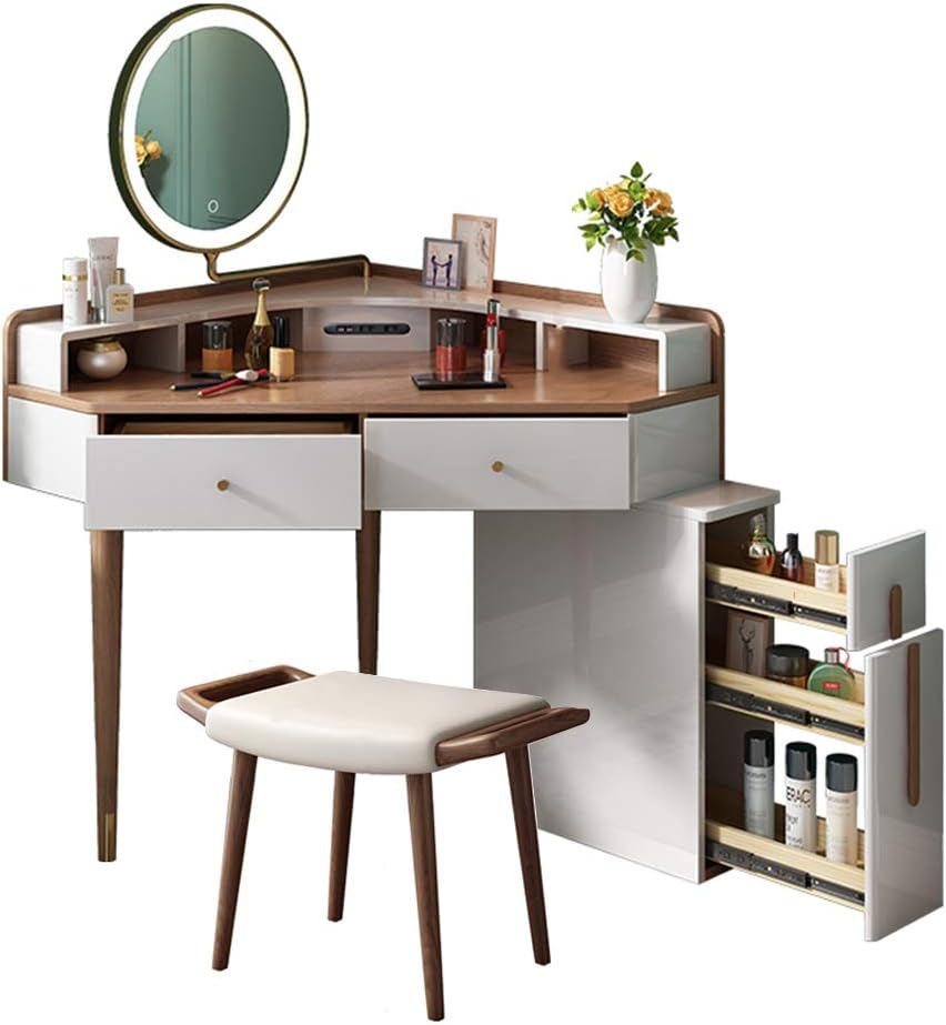 LLFFDC Dressing Table with Stool And LED Light Mirror, Corner Dressing Table Wooden with USB Charging Port, Bedroom Modern Multifunctional Makeup Desk