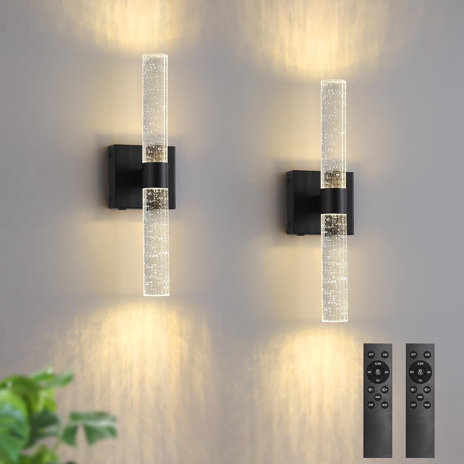Photo 1 of HONGREN 17 Inch Black Battery Operated Wall Sconces Set of Two Rechargeable Battery Powered Wall Light with Remote Control LED Dimmable Lamp Fixtures for Living Room Bedroom Hallway (2 Pack)