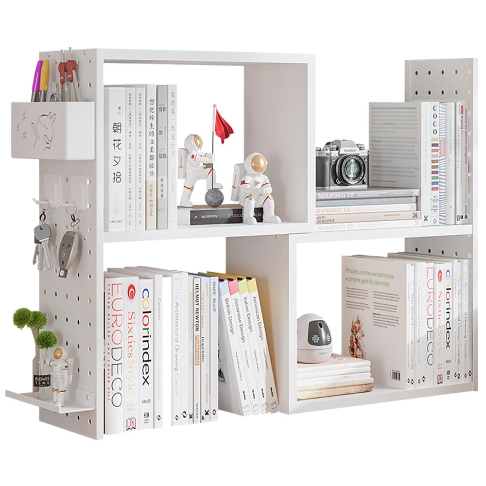 NUODWELL Wooden Adjustable Bookshelf Desktop Bookcase with Pegboard, Expandable Desk Display Shelf Rack Storage Office Supplies Books Cosmetic Makeup for Office & Home（TS10 White）