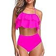 Tempt Me Women Two Piece Swimsuits High Waisted Bikini Teen Ruffle Tummy Control Bottoms Halter Bathing Suits