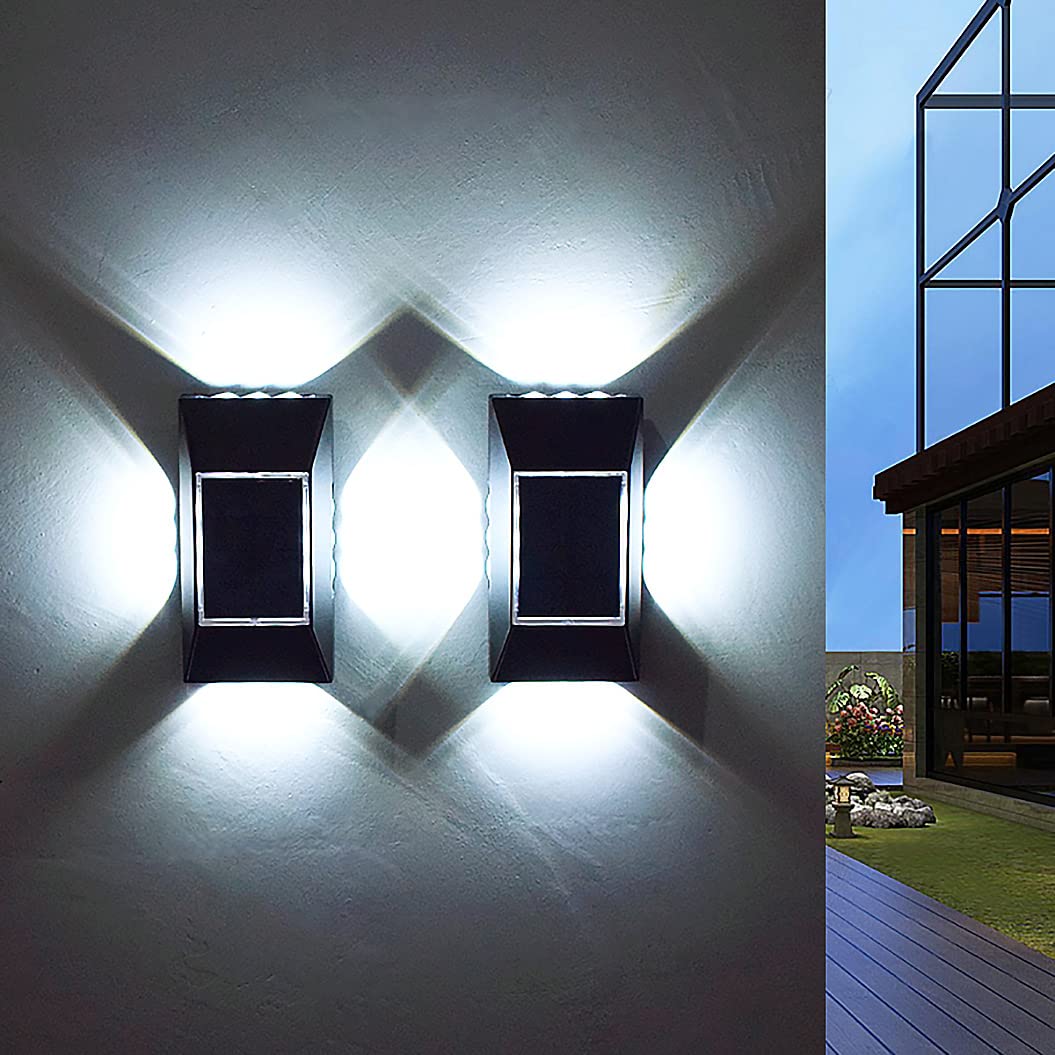 Sunboia Outdoor Wall Lights, 2 Pack Solar Lights Outdoor Garden,IP65 Waterproof,12 LED Up and Down Wall Wall Lights,Solar Fence Lightsfor Patio Pathway Step Landscape Yard Decor-White