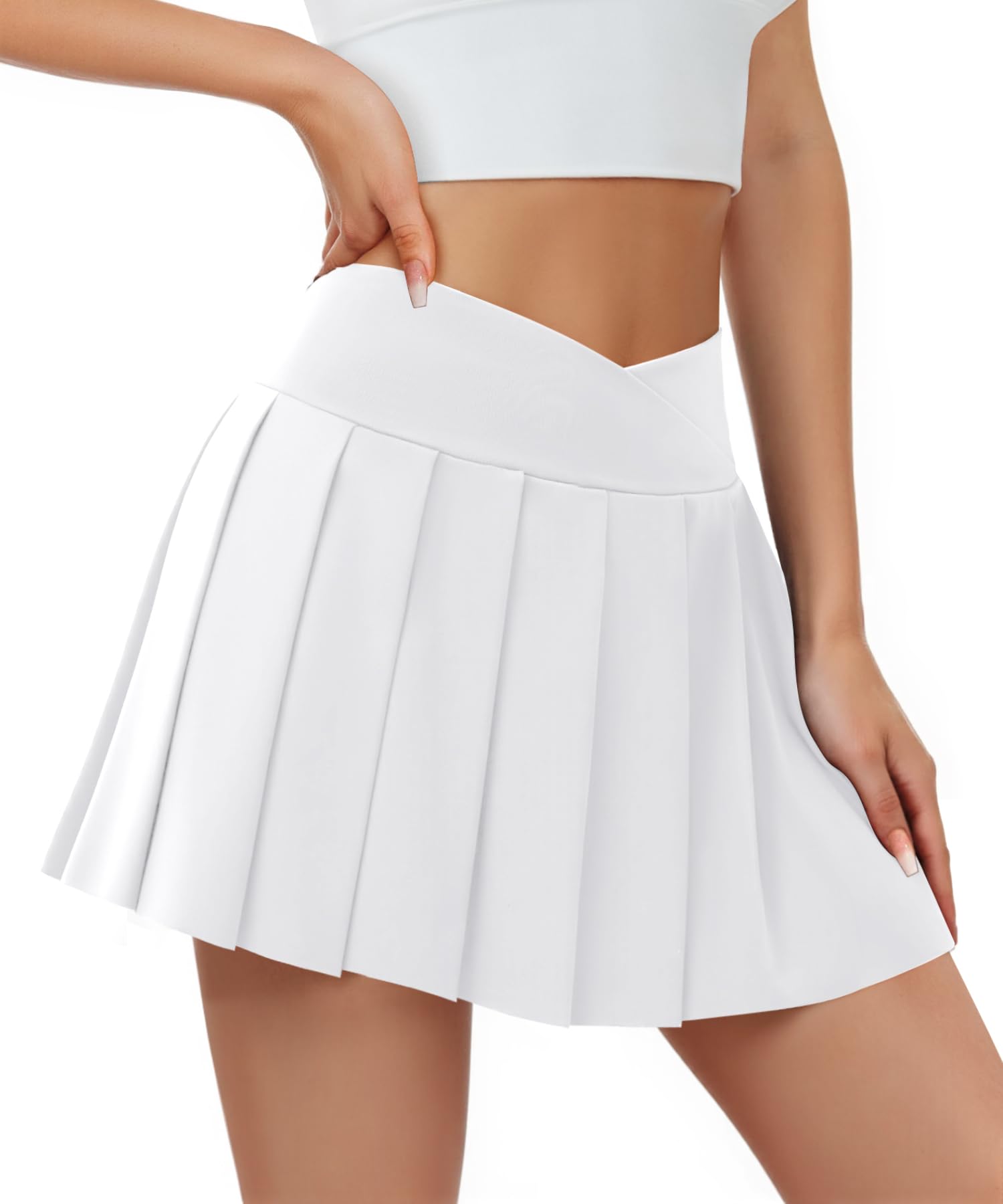 Photo 1 of DLOODA Pleated Tennis Skirts for Women with Pockets Inner Shorts Crossover High Waisted Golf Athletic Flowy Skort Skirt?White M?