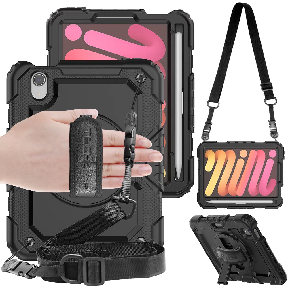TECHGEAR Utility Case for iPad Mini 7/6 (8.3", 2024 7th Gen / 2021 6th Gen) Heavy Duty Rugged with 360° Stand, Hand & Shoulder Strap – Shockproof Armour Cover for Schools, Work, Outdoor Use - Black