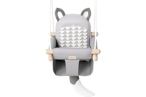 ASKCAT Wooden Hanging Baby Swing with Soft Safety Belt, Cozy Infant Swing Seat for Indoor & Outdoor Use, Adjustable Height, Includes Mounting Hardware – Suitable for Babies & Toddlers（Fox-Themed in Gray