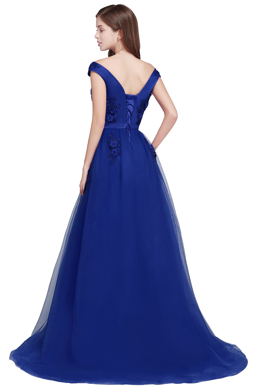 MisShow Women's Lace Applique Cap Sleeve A Line Long Prom Dresses Evening Gown