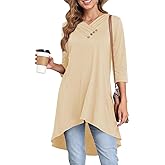Naggoo Womens Long Shirts for Leggings 3/4 Sleeve Tunic Tops Loose Fit Dressy Casual V Neck High Low Tops Button Decor