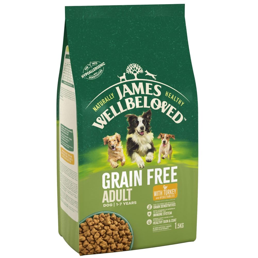JAMES WELLBELOVED Hypoallergenic Grain Free Adult Dry Dog Food - 1.5 kg - Turkey & Vegetables - Bulk Dry Dog Food Pack