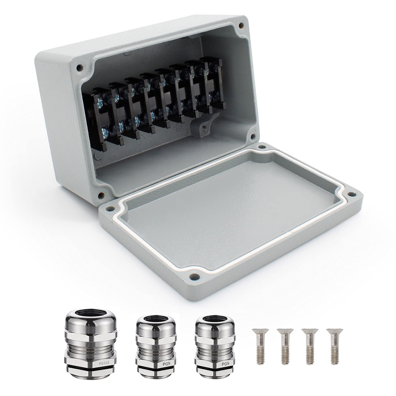 SRJQXH IP66 Aluminum Waterproof Junction Boxes, 1 in 2 Out, with Wire Terminals, Screws and PG13.5, PG9 Waterproof Connectors, DIY Manual Perforation, Electrical Junction Box for Cable Connection