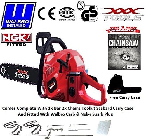 NEW 2016 62CC PETROL CHAINSAW 18 BAR 2 CHAINS WALBRO CARB NGK SCABBARD CARRY CASE TOOL KIT by xxx powertools