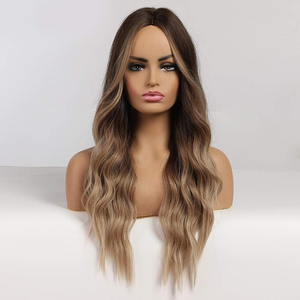 HAIRCUBE Long Hair Wigs for Women Ombre Color Brown to Blonde Synthetic Curly Hair Wig Middle Parting, 2 Piece Set - Image 3
