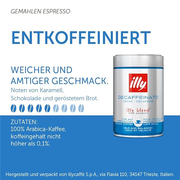ILLY GROUND COFFEE ESPRESSO – 100% ARABICA COFFEE GROUND – CLASSICO DECAF ROAST – NOTES OF CARAMEL, TOASTED BREAD & CHOCOLATE – RICH AROMATIC PROFILE – PRECISE ROAST – NO PRESERVATIVES – 8.8 OUNCE