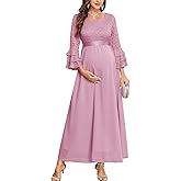 CYCLAMEN Floral Lace Maternity Maxi Dress Ruffle Bell Sleeves Crew Neck Elegant Chiffon Evening Gown Baby Shower Wedding