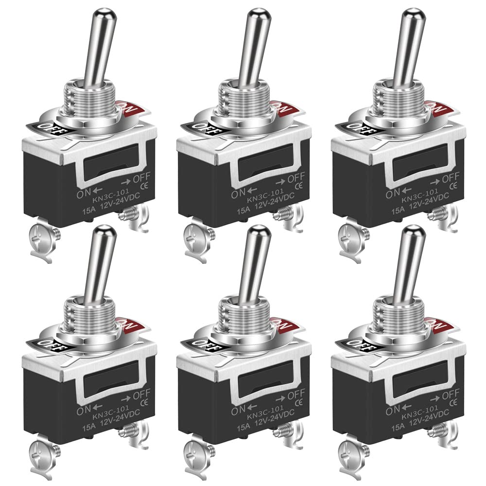 GUUZI Heavy Duty Rocker Toggle Switch 10A/12VDC, 6A/24VDC, SPST 2Pin ON/Off Switch Metal Bat -6 Pack