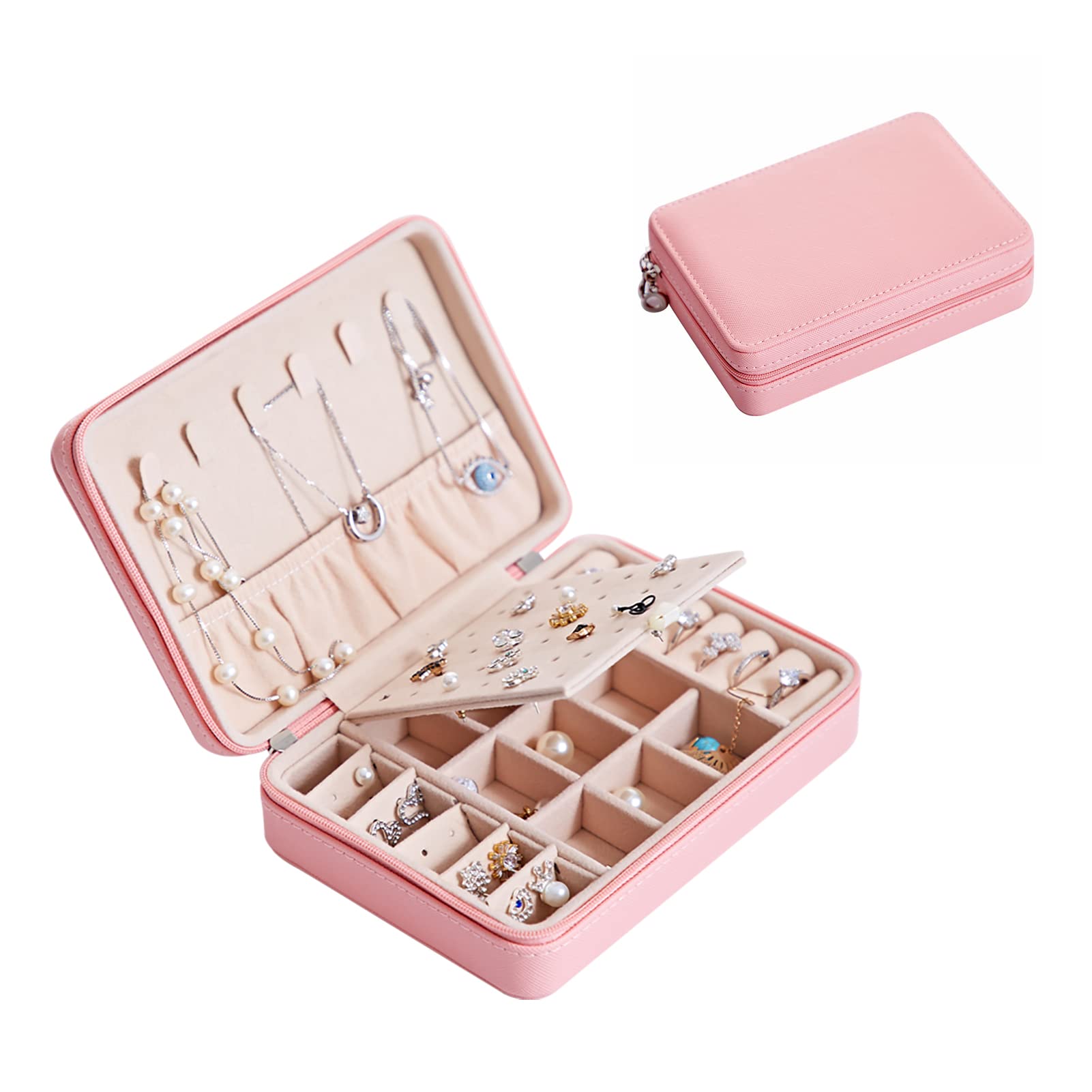 通用 Jewellery Box Variety PU Leather Jewellery Box Small Jewellery Box Travel Jewellery Organiser for Rings, Necklace, Earrings, Headwear (Pink Multifunctional Jewellery Box)