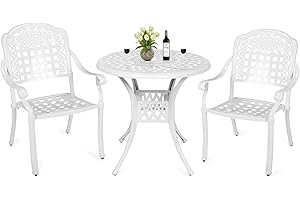 MEETWARM 3 Piece Patio Bistro Set, Outdoor All-Weather Cast Aluminum Dining Furniture Set Includes 2 Chairs and a 31” Round Table with Umbrella Hole for Garden Deck, White