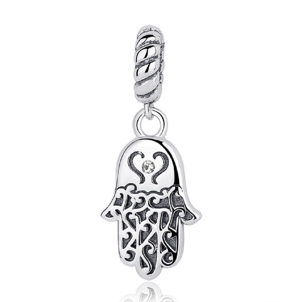 FeatherWish Lucky Hamsa Evil Eye Charm 925 Sterling Silver Family Love Travel Dangle Pendant Fits And Compatible With Pandora Bracelets Gift For Friend Daughter Wife Mum Sister (Clear Cubic Zirconia)