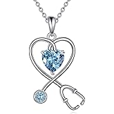 AINFQY Nurse Necklace for Women 925 Sterling Silver Stethoscope Pendant Necklace Heart Birthstone Jewelry Gift