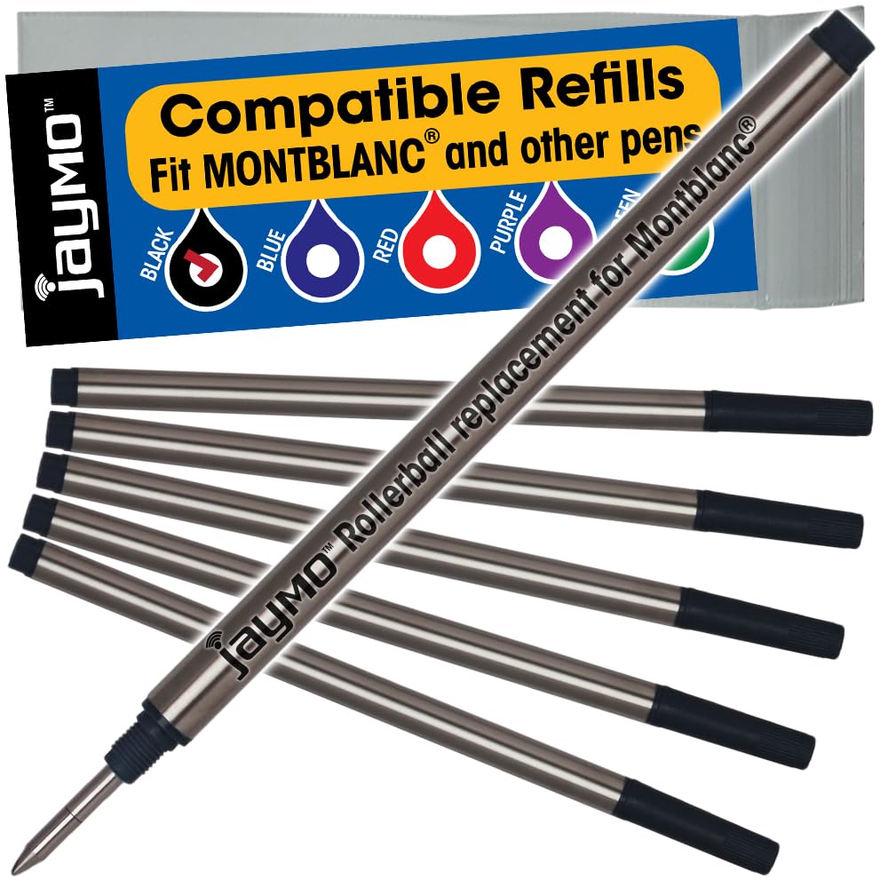 Jaymo Replacement for Montblanc 105158 - Measures 4.44 in / 113 mm Long - Rollerball Pen Refill - 6 Black