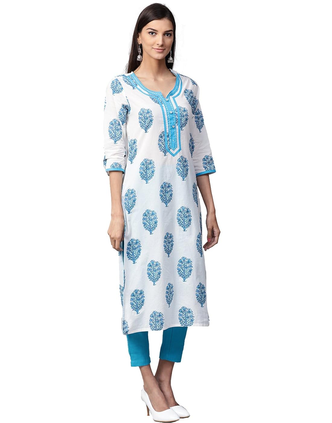 jaipur kurti women white & blue printed cotton kurta with trousers