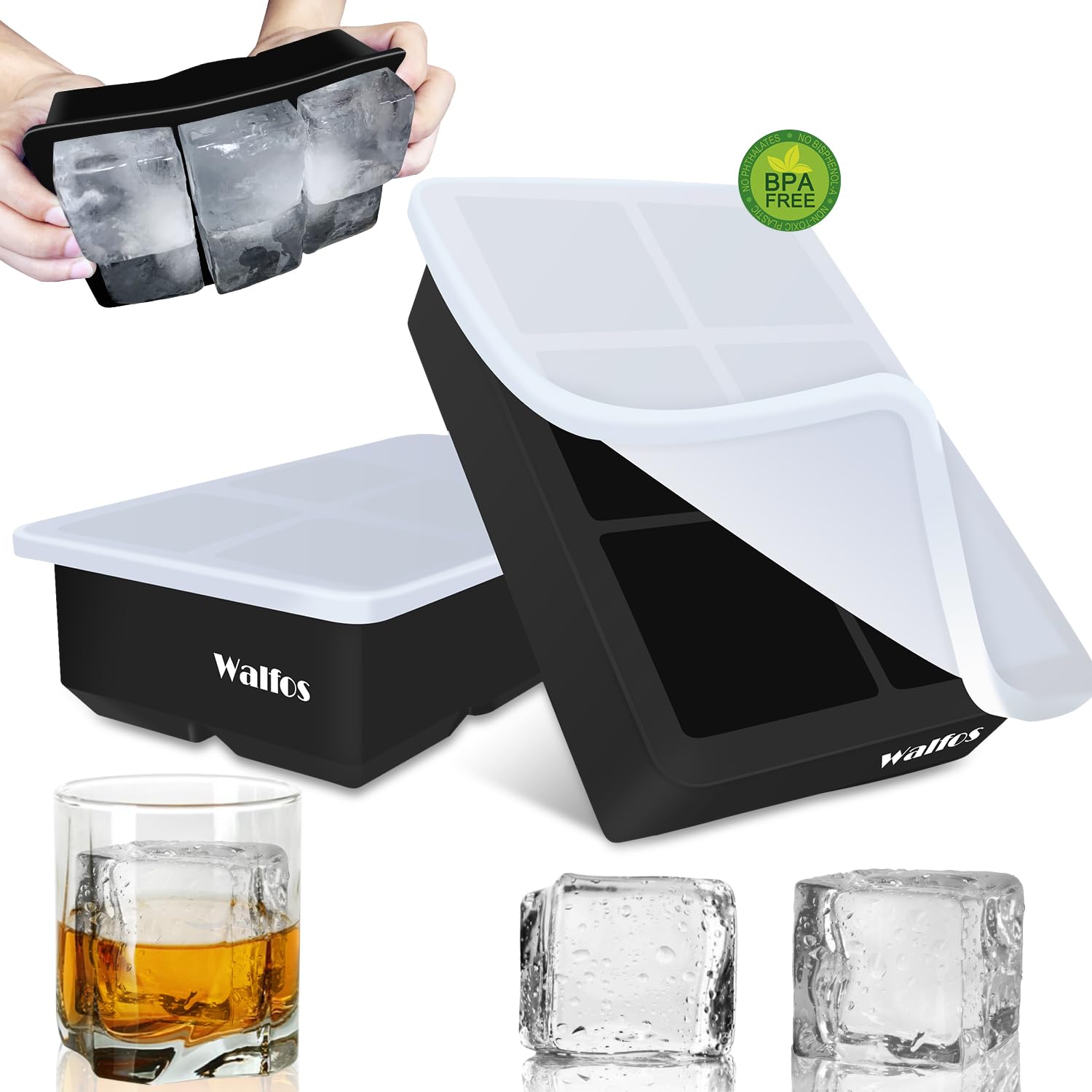 Walfos® Silicone Large Ice Cube Molds with Lids,Ice Cube Tray, 2 Pack, Flexible & Easy Release, BPA Free and Dishwasher Safe, Perfect for Cocktail, Whiskey, Chocolate, Baby Food