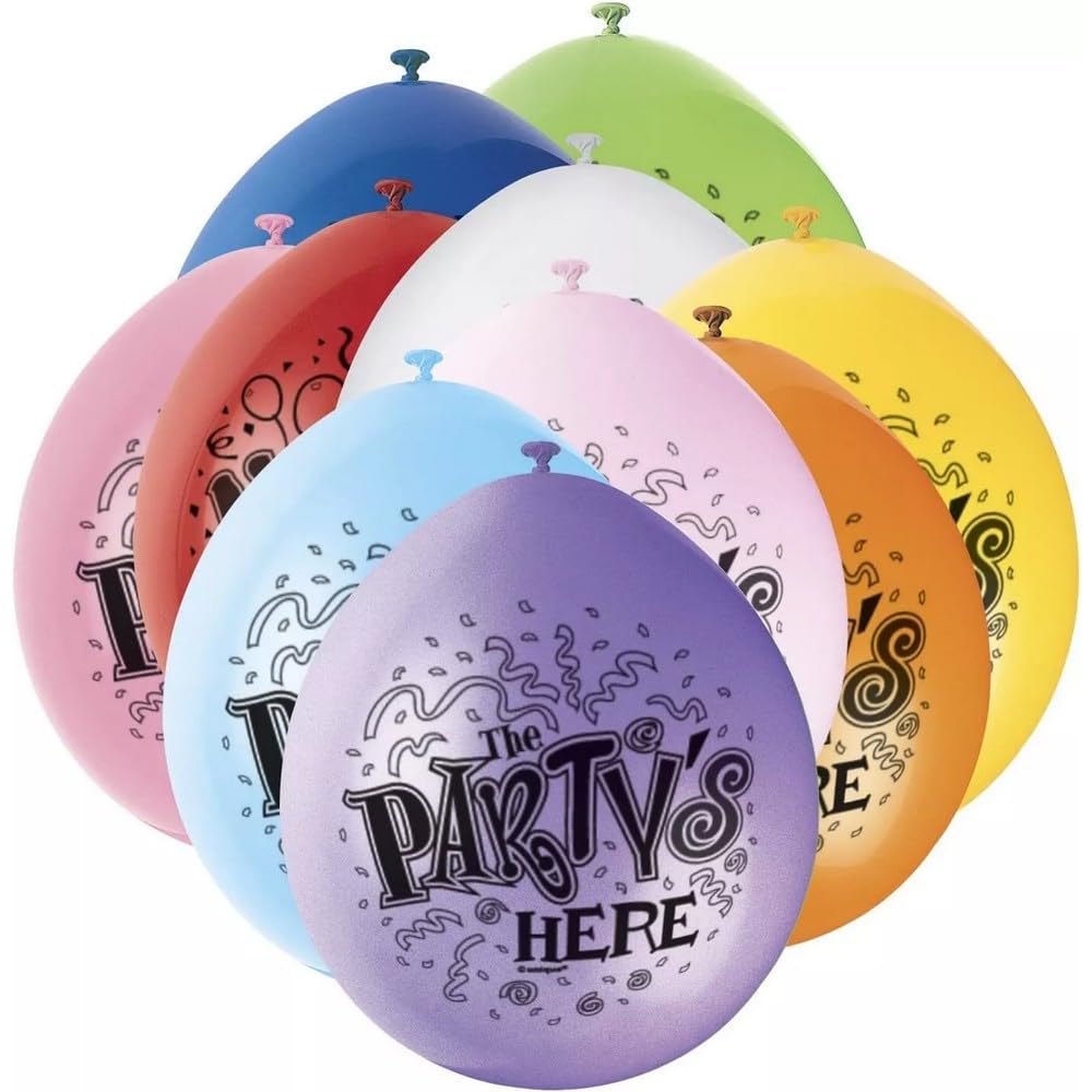 Unique Party 80359 - 9" Latex Assorted The Party's Here Balloons, Pack of 10
