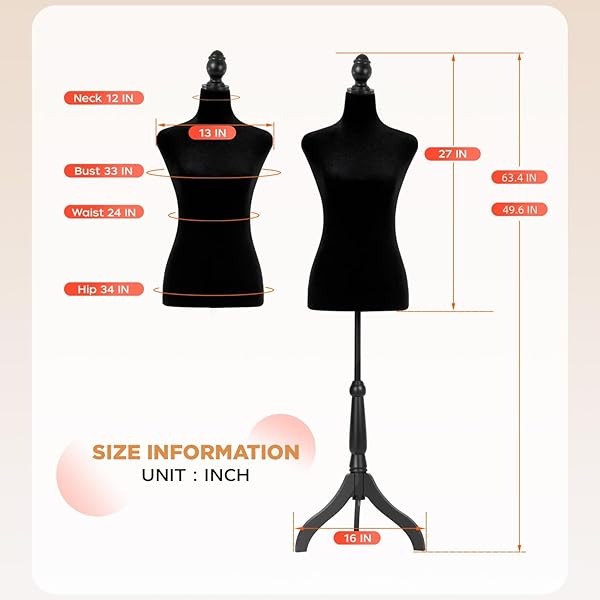 MANNEQUIN BODY DRESS FORM TORSO FEMALE MANIKIN 49.6-63.4 INCH HEIGHT ADJUSTABLE WOODEN TRIPOD STAND HIGH DENSITY FOAM PORTABLE DISPLAY MANNEQUIN (BLACK)