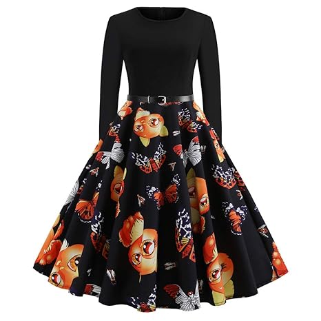OverDose Damen Urlaub Karneval Stil Frauen Casual Langarm Schlag Krawatte Druck Vintage Kleid Lange Abendgesellschaft Float P